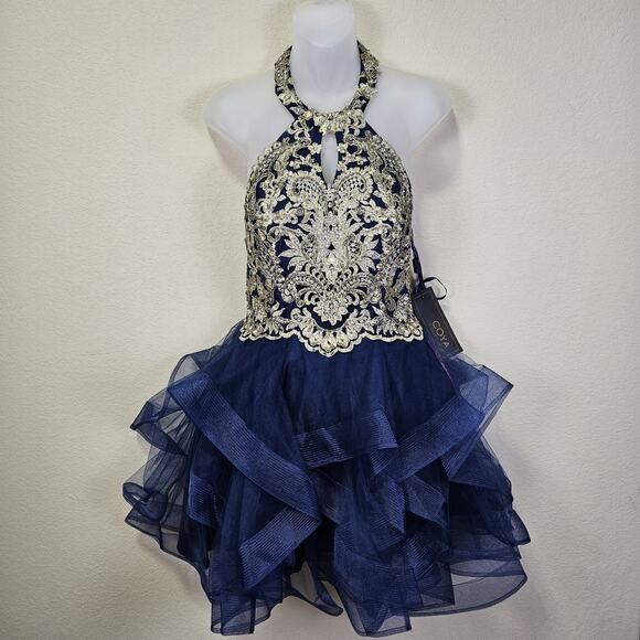NWT Coya Collection Formal Mini Dress Gown Tulle Ruffle Beaded Halter Blue M - Picture 1 of 16